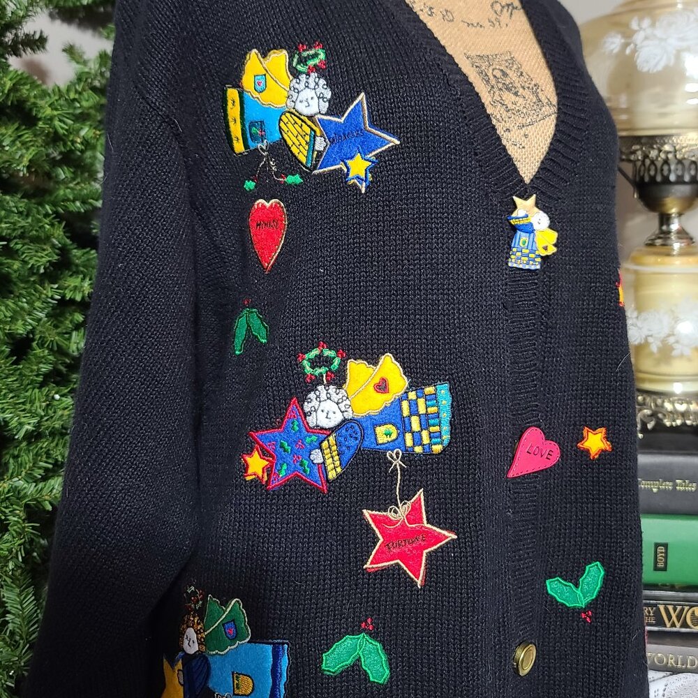 Vintage QUACKER FACTORY Women's 3X Knit Patch Applique Christmas Angels Cardigan